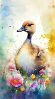 charmig gosling i en färgrik blomma fält vattenfärg målning idealisk för konst grafik och hälsning kort foto