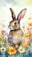 intagande kanin i en färgrik blomma fält vattenfärg målning foto