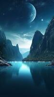 hisnande se av turkos blå sjö och höga bergen ai genererad foto