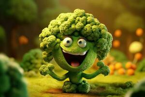 Lycklig broccoli maskot i filmiska skott generativ ai foto