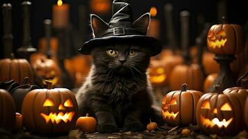 läskigt svart katt halloween bild ai genererad foto