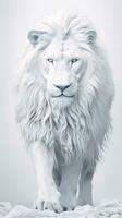 gåtfull vit sibirisk lejon på närbild affischliknande vit bakgrund ai genererad foto