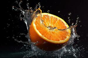 färsk orange frukt skivad med en juice stänk ai genererad foto