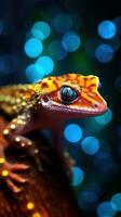 gecko i bokeh stil på mörk bakgrund generativ ai foto