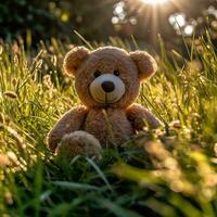 gyllene timme teddy Björn om i gräs ai genererad foto
