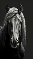 majestätisk svart och vit häst på mörk bakgrund ai genererad foto