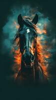 majestätisk häst i dubbel- exponering stil på mörk bakgrund generativ ai foto
