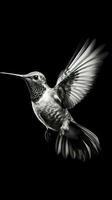 svart och vit kolibri på mörk bakgrund ai genererad foto