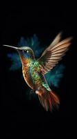 vibrerande kolibri på mörk bokeh bakgrund ai genererad foto
