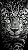 svart och vit jaguar på mörk bakgrund i full fokus generativ ai foto