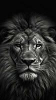 majestätisk svart och vit lejon på mörk bakgrund ai genererad foto