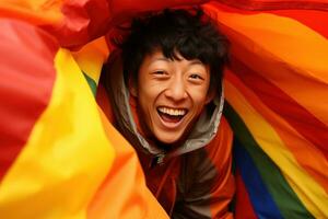 asiatisk homosexuell Gay par med en flagga hög kvalitet bild ai genererad foto