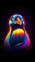 neon pingvin på mörk bakgrund generativ ai foto