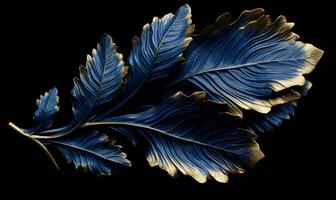blå löv med guld accenter på svart bakgrund ai genererad foto