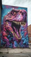 vibrerande graffiti konstverk av en t Rex mot en mörk urban vägg ai genererad foto