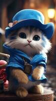 förtjusande kattunge bär blå hätta med stor blå ögon ai genererad foto