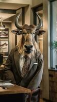 gnu i en företag kostym i en savanntema kontor ai genererad foto