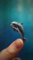 en lekfull delfin uppflugen på en finger i en realistisk målning generativ ai foto