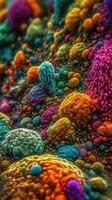 levande färger av mikroskopisk bakterie tittade genom ett elektron mikroskop generativ ai foto
