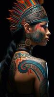 färgrik traditionell mayan tatuering design på en kvinnors tillbaka generativ ai foto