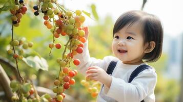 förtjusande japansk litet barn pojke plockning höst löv ai genererad foto