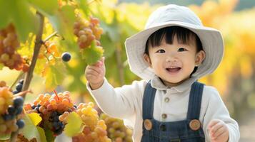 förtjusande japansk litet barn plockning höst löv ai genererad foto