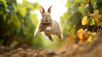 lekfull kanin Hoppar för muskater under höst skörda ai genererad foto