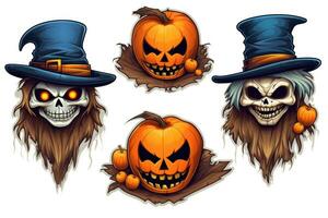 läskigt halloween klistermärken scarecrow ansikten isolerat på vit bakgrund ai genererad foto