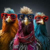 rolig ser kycklingar med solglasögon på vägg konst ai genererad foto