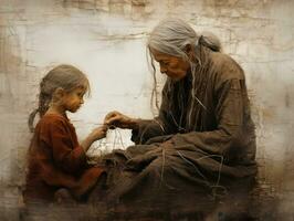 en charmig tråd skulptur av ett äldre kvinna och en barn ai genererad foto