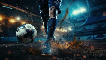 fotboll spelare sparkar boll med blå ben ai genererad foto