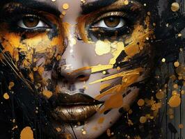 eleganta urban kvinna täckt i ögonfångare svart och guld måla ai genererad foto