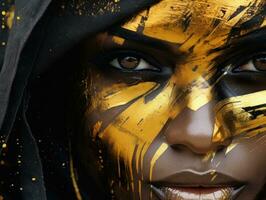 fantastisk kvinna med svart och guld måla i ögonfångare urban stil ai genererad foto