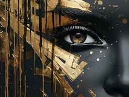 fantastisk kvinna med svart och guld måla i ögonfångare urban stil ai genererad foto