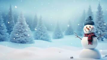 festlig jul baner med snögubbe i de snö ai genererad foto