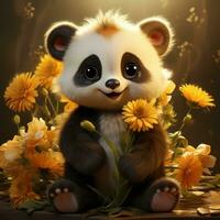 söt fluffig bebis panda innehav en solros disney stil ClipArt på vit bakgrund ai genererad foto