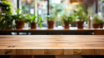 tömma trä tabell topp med suddig kök bakgrund ai genererad foto