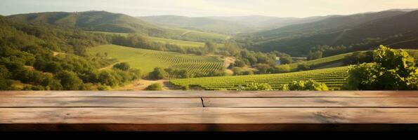 rustik trä tabell topp med suddig vingård landskap ai genererad foto