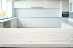 minimalistisk vit kök med suddig trä- bordsskiva ai genererad foto