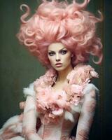 elegant rokoko- mode porträtt med rosa hår ai genererad foto