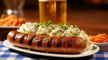 utsökt tysk bratwurst på oktoberfest ai genererad foto