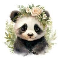 förtjusande vattenfärg bebis panda med en blomma krona ClipArt på vit bakgrund ai genererad foto