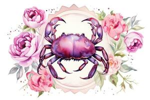 vattenfärg målning av cancer zodiaken tecken i botanisk stil på ren vit bakgrund ai genererad foto