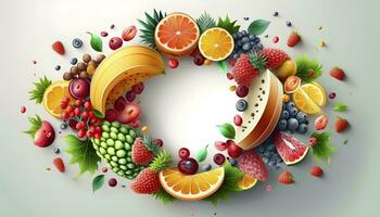 utsökt frukt och bär cirkel ram med en stänk av juice ai genererad foto