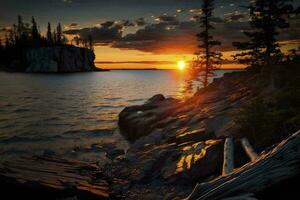 lugn solnedgång över sjö överlägsen ai genererad foto
