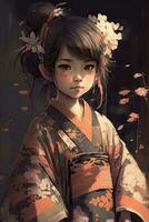 förtjusande liten flicka bär kimono ai genererad foto