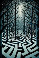 förtjusande skog labyrint med hypnotisk omöjlig geometri ai genererad foto