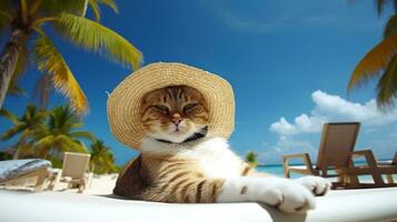 avkopplande katt solbad på havet strand ai genererad foto