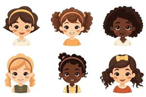 olika grupp av flickor med unik hud toner barn platt design ai genererad foto
