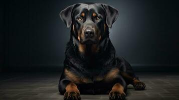 majestätisk rottweiler hund på vit bakgrund ai genererad foto